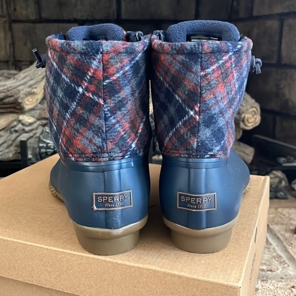 Brand New Sperry Saltwater Wool Plaid Duck Boot Waterproof Blue Winter Rain - Picture 6 of 15